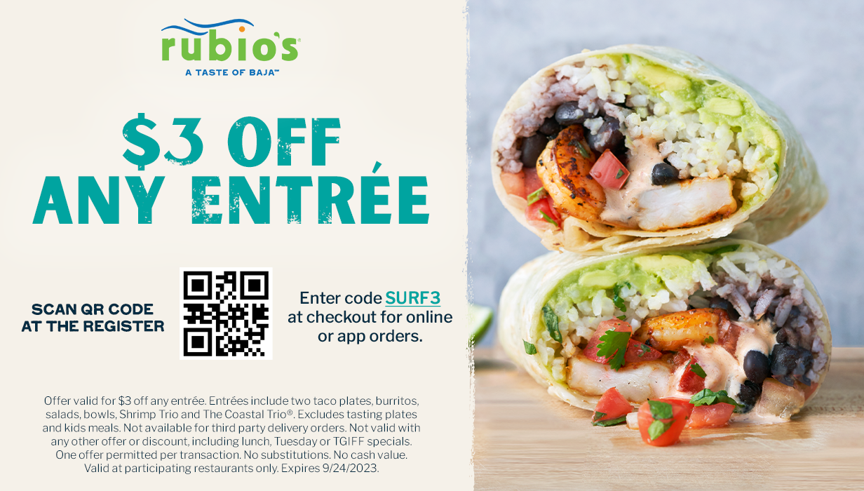$3 off any entrée with code SURF3