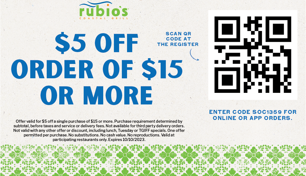 $5 off orders $15 or more - expires 10/10/23