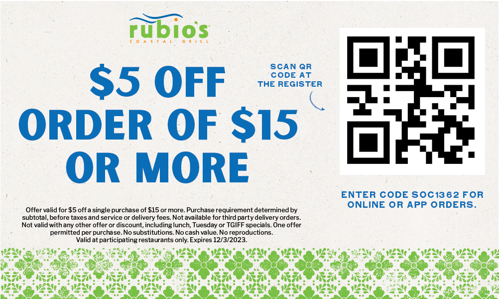 $5 off Orders $15+ - expires 12/3/23.