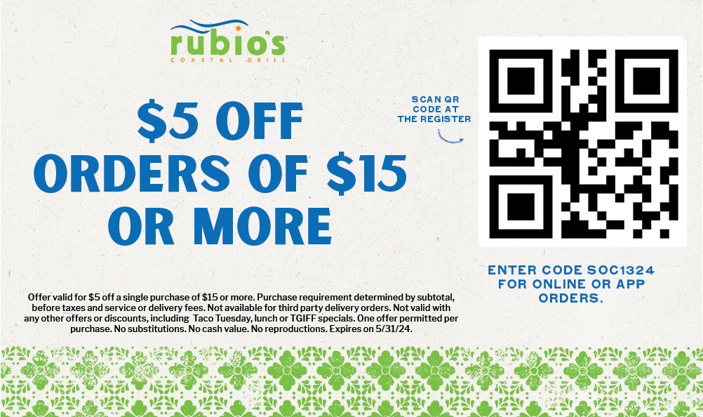 SOC1324 - $5 OFF $15. Expires 5/31/24.